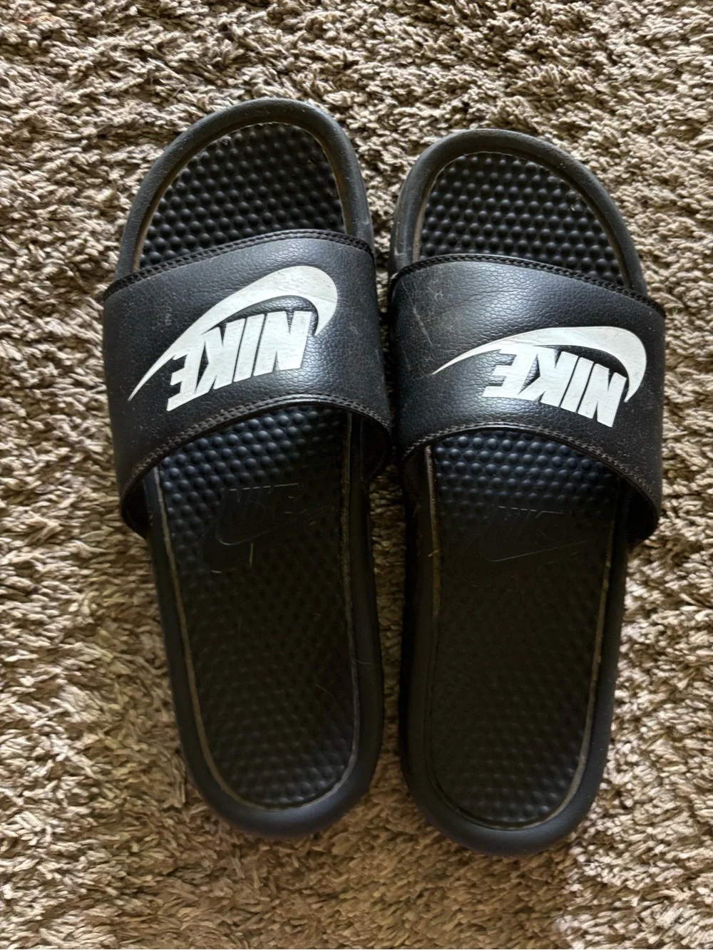 Nike' Black Slide Sandals with White Logo, shoes